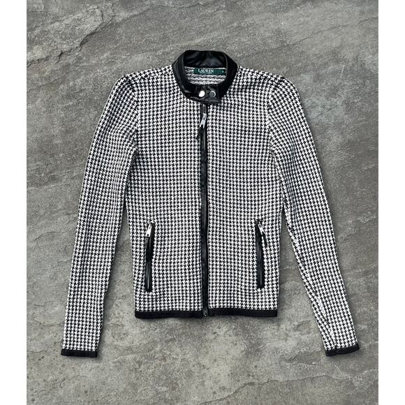 Lauren Ralph Lauren Jackets & Blazers - Lauren Ralph Lauren Houndstooth Moto Jacket Small Black White Faux Leather Trim